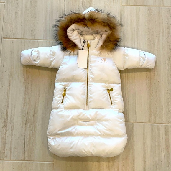 Jackets & Coats Brand New White And Gold Baby Girl Fur Hood Snow Suit